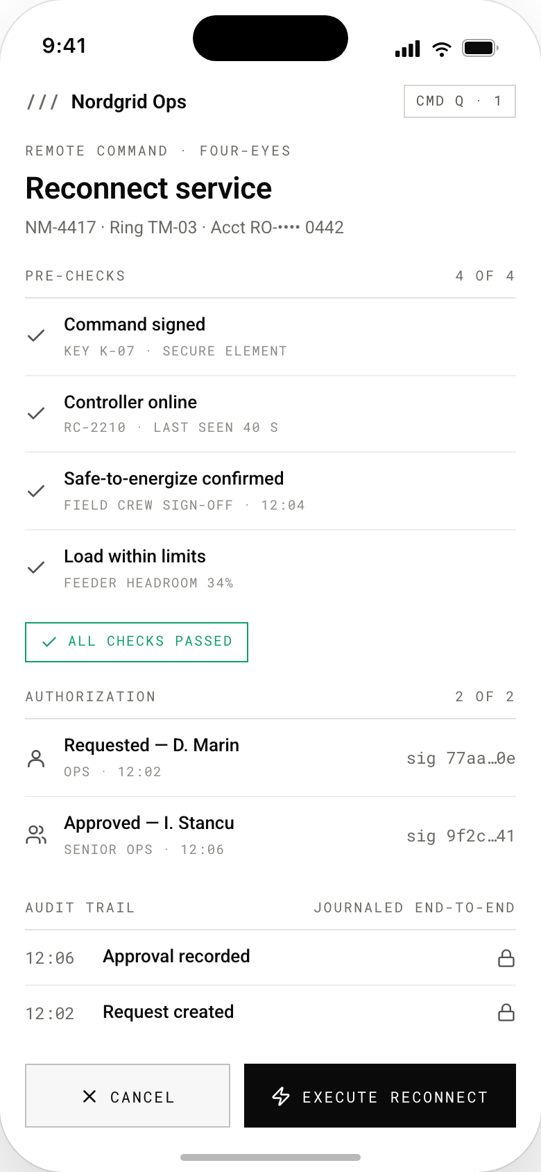Machetă de telefon a unui ecran de comandă la distanță pentru reconectarea unui serviciu contorizat: patru pre-verificări trecute, inclusiv confirmarea echipei de teren că e sigur de alimentat, o etichetă verde de toate verificările trecute, rânduri de solicitant și aprobator cu hash-uri de semnătură, o urmă de audit jurnalizată și butoane de anulare și de executare a reconectării.