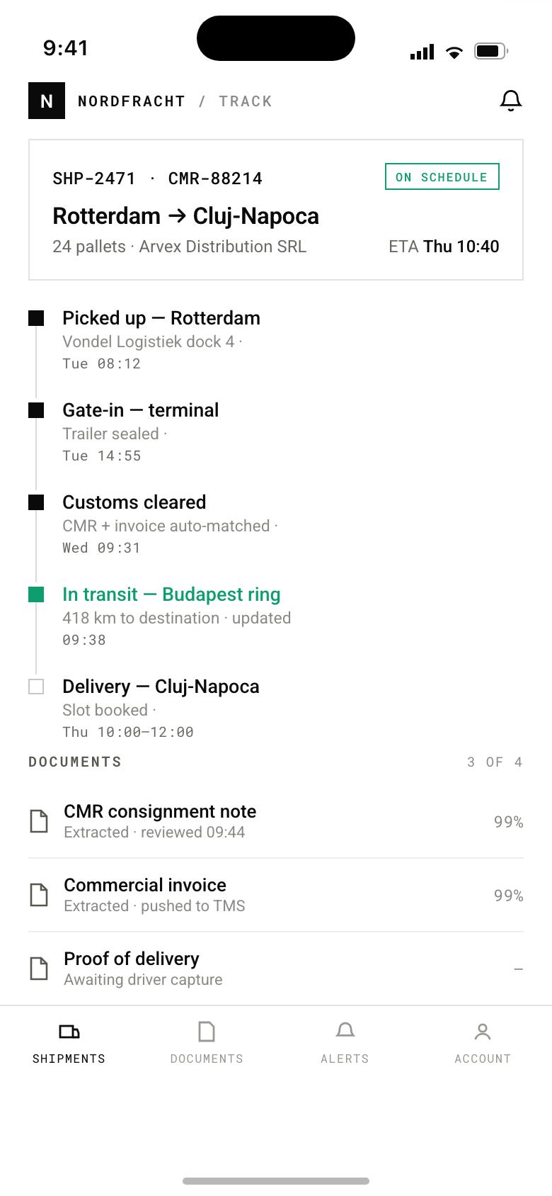 Phone app tracking shipment SHP-2471 from Rotterdam to Cluj-Napoca, marked On schedule with ETA Thursday 10:40. A vertical timeline shows pickup, terminal gate-in, customs cleared with documents auto-matched, current in-transit position, and the booked delivery slot. Below, a documents list shows the CMR and commercial invoice extracted and the proof of delivery awaiting driver capture.