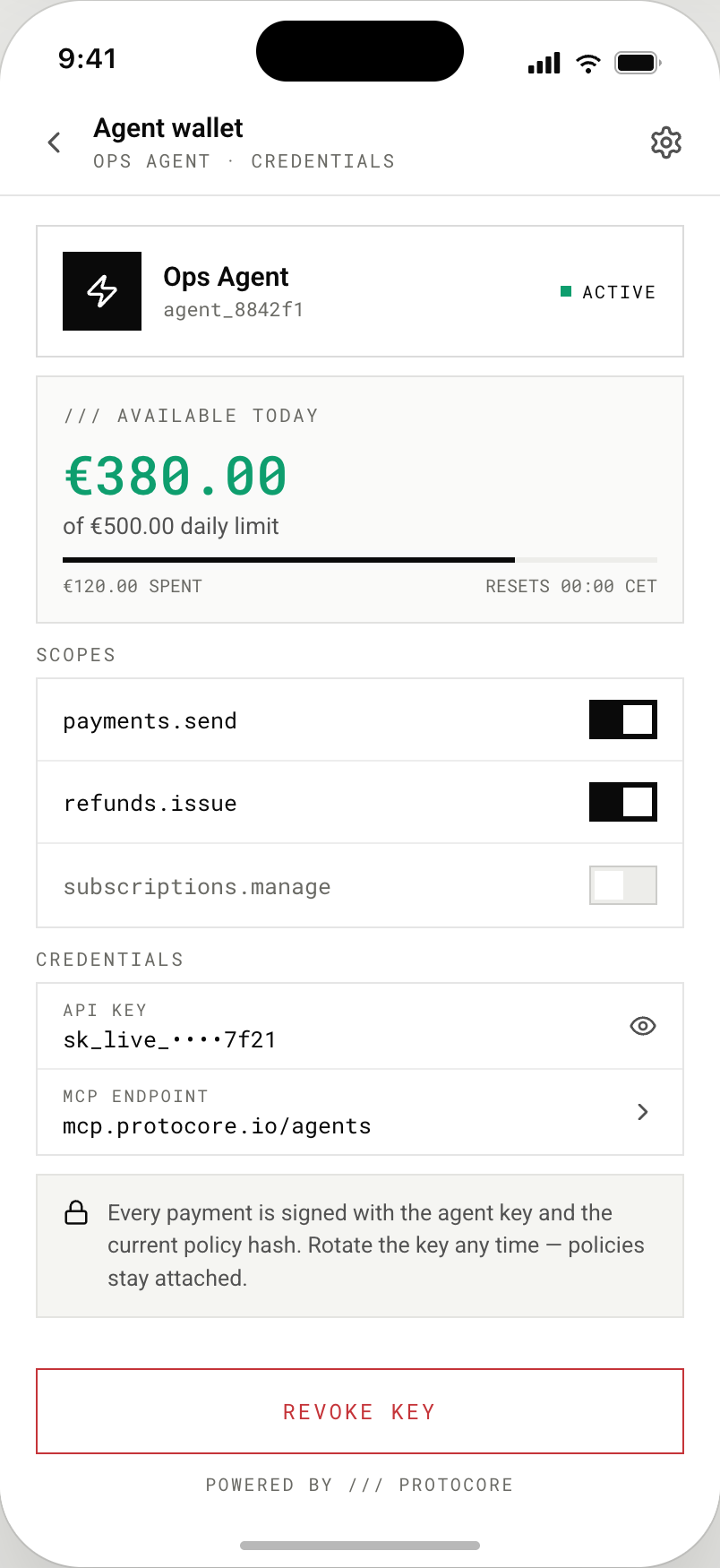 An agent's wallet view showing its budget, spend, and recent payments