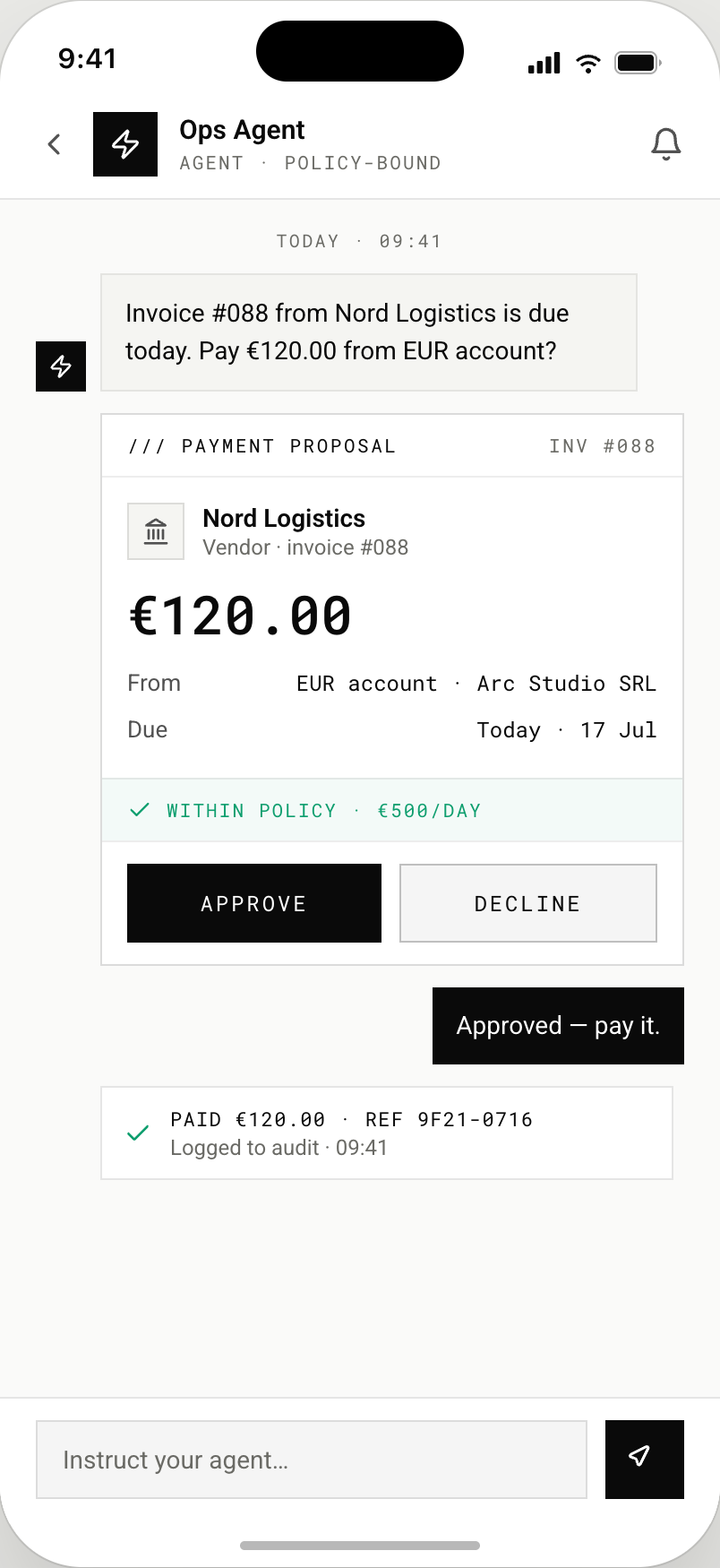 Mobile approval request for an agent payment above its threshold