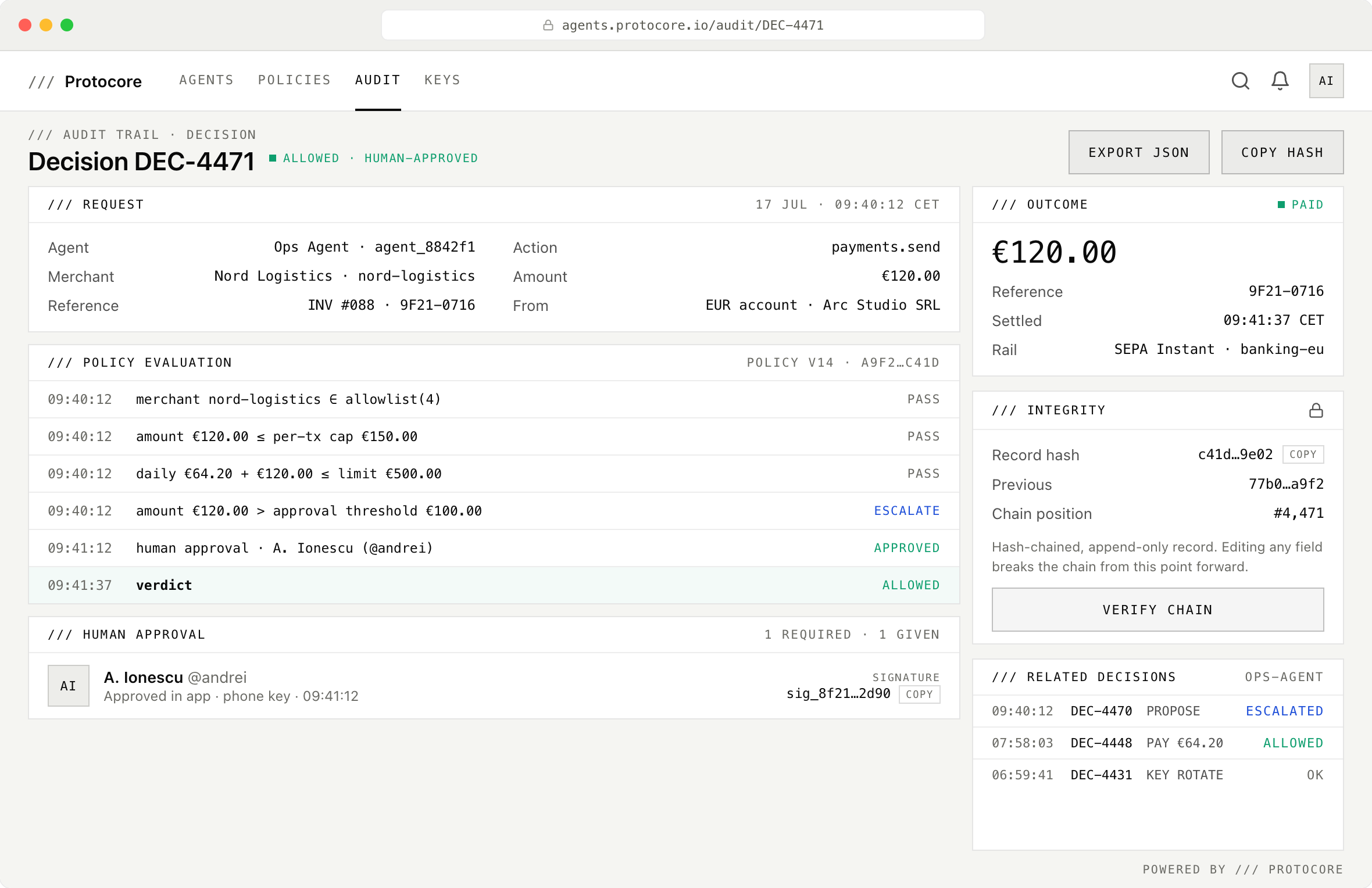 Audit detail for one agent decision — the request, each policy check with its result, the human approval signature, the settled payment, and a hash-chained integrity record