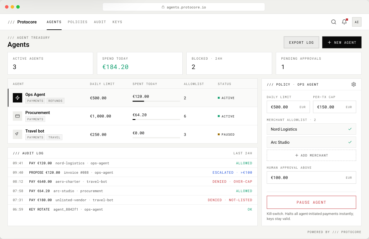 Agents console showing per-agent budgets, merchant allowlists, and approval thresholds