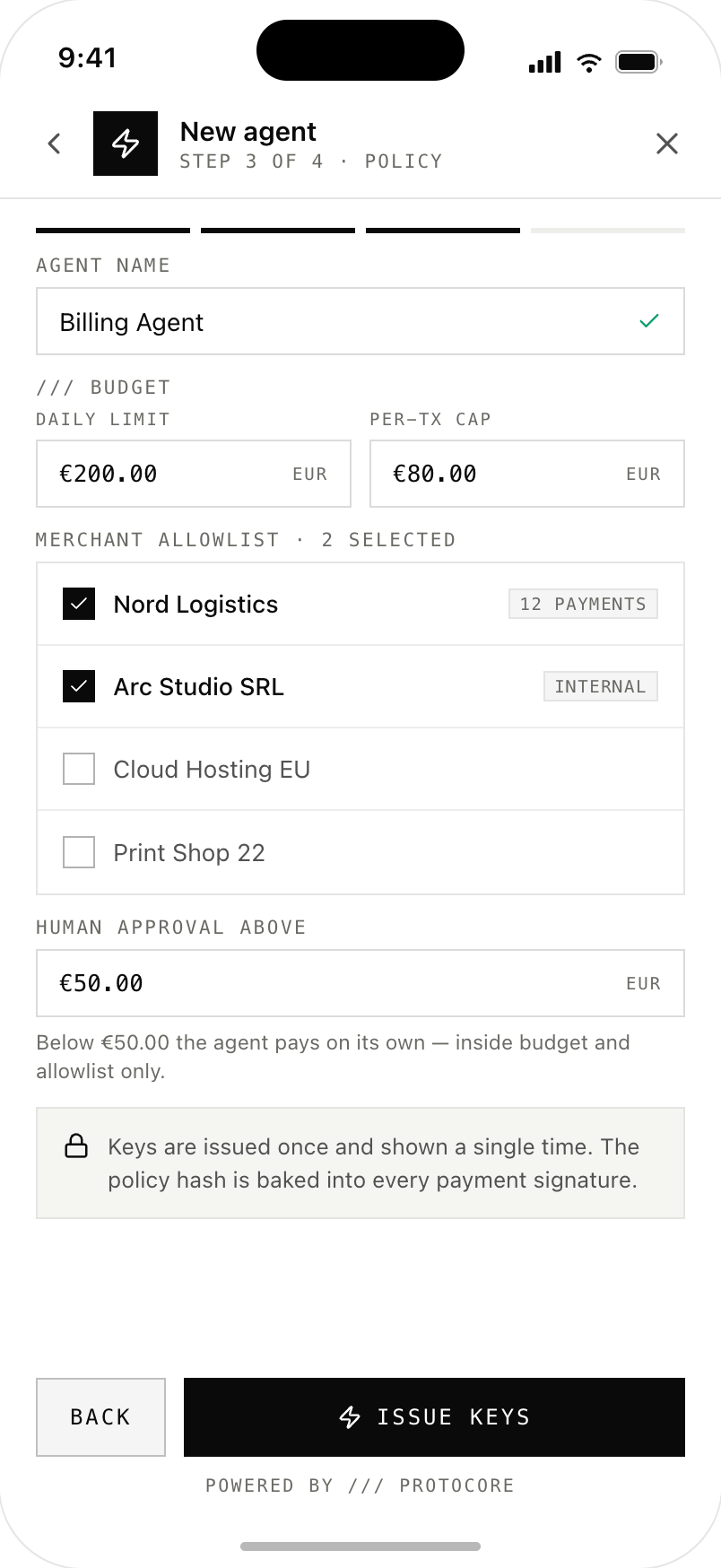 Create-agent flow at the policy step — a Billing Agent with a €200.00 daily limit, an €80.00 per-transaction cap, two allowlisted merchants, and human approval above €50.00