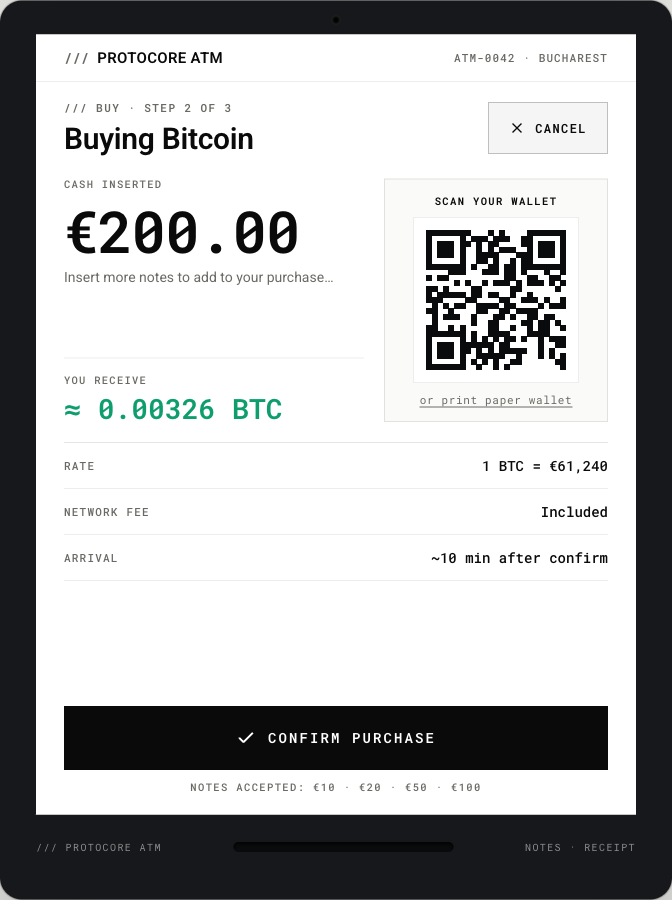 ATM kiosk buy flow converting inserted cash to bitcoin