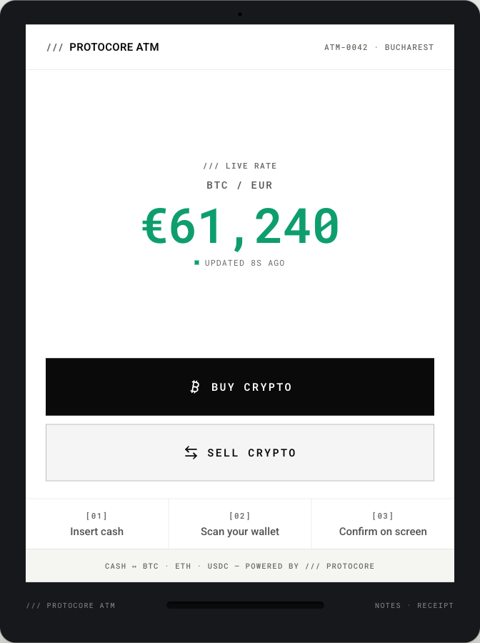 ATM kiosk idle screen showing a live BTC rate of €61,240