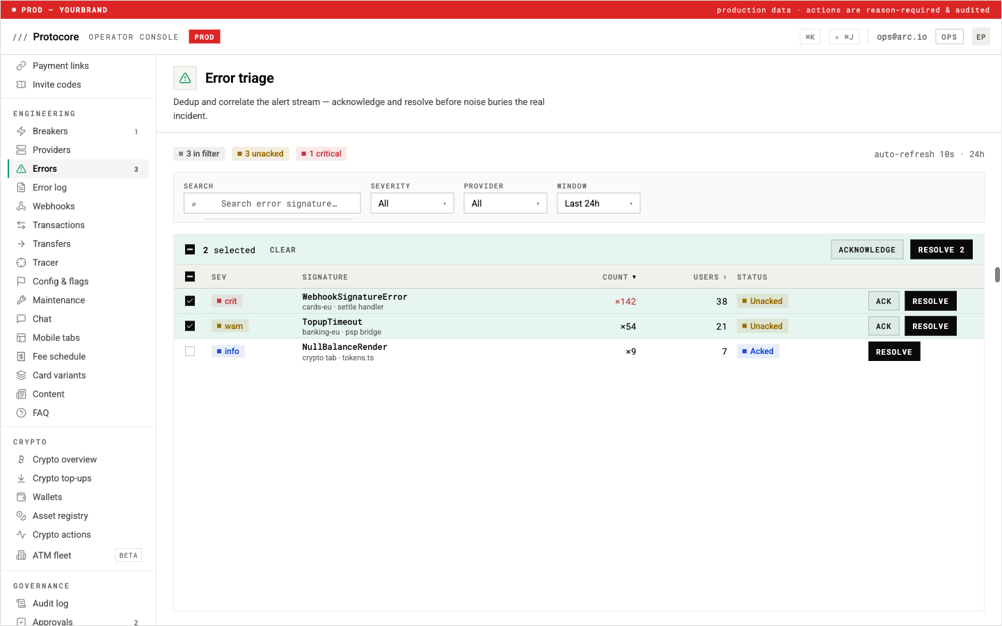 Console error triage screen deduplicating the alert stream into three rows, with a critical WebhookSignatureError at ×142 affecting 38 users, acknowledge and resolve actions, and a 10-second auto-refresh