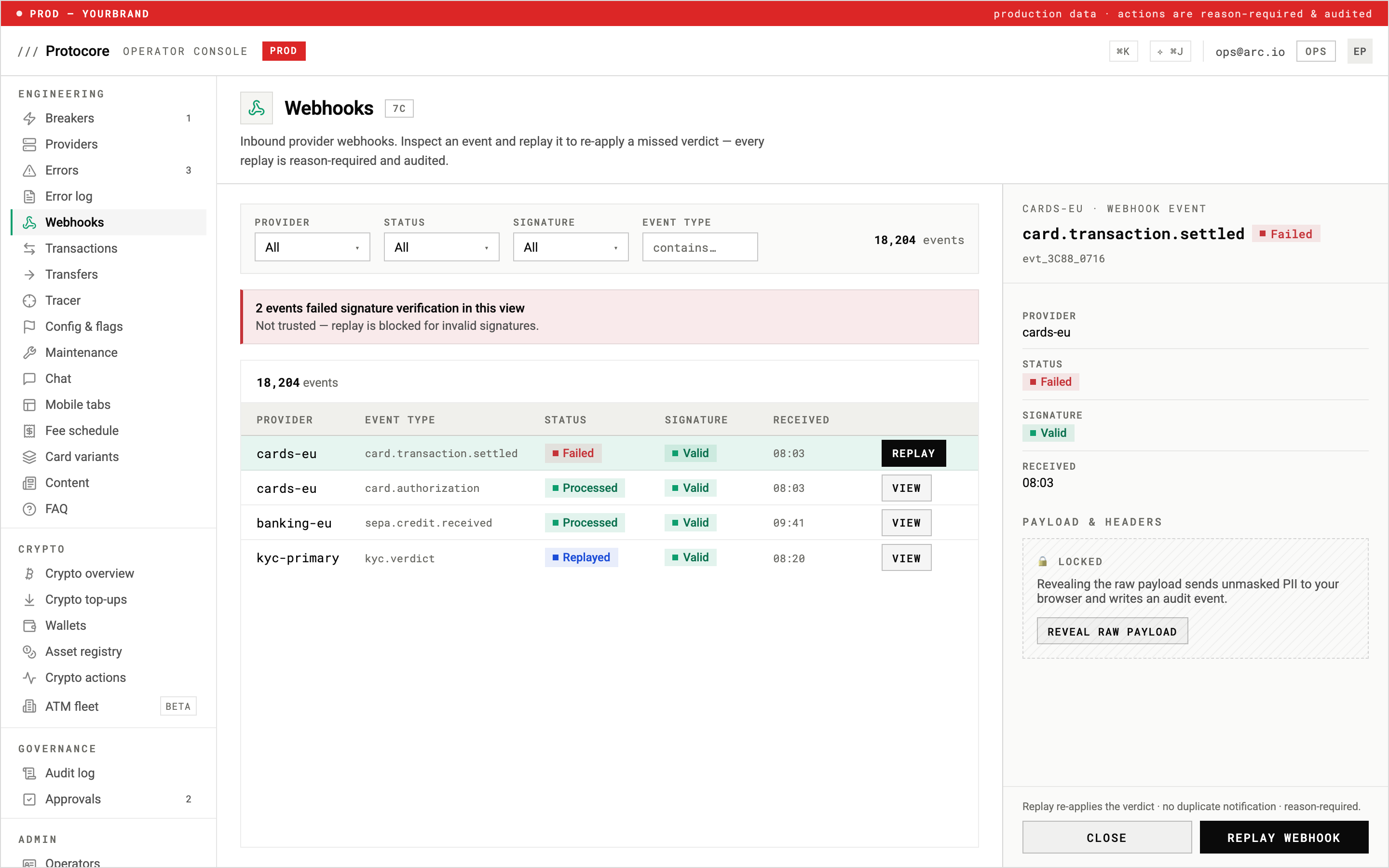 The Center webhooks view with 18,204 provider events, per-event signature verification, replay blocked for invalid signatures, and a locked payload panel that audits every reveal