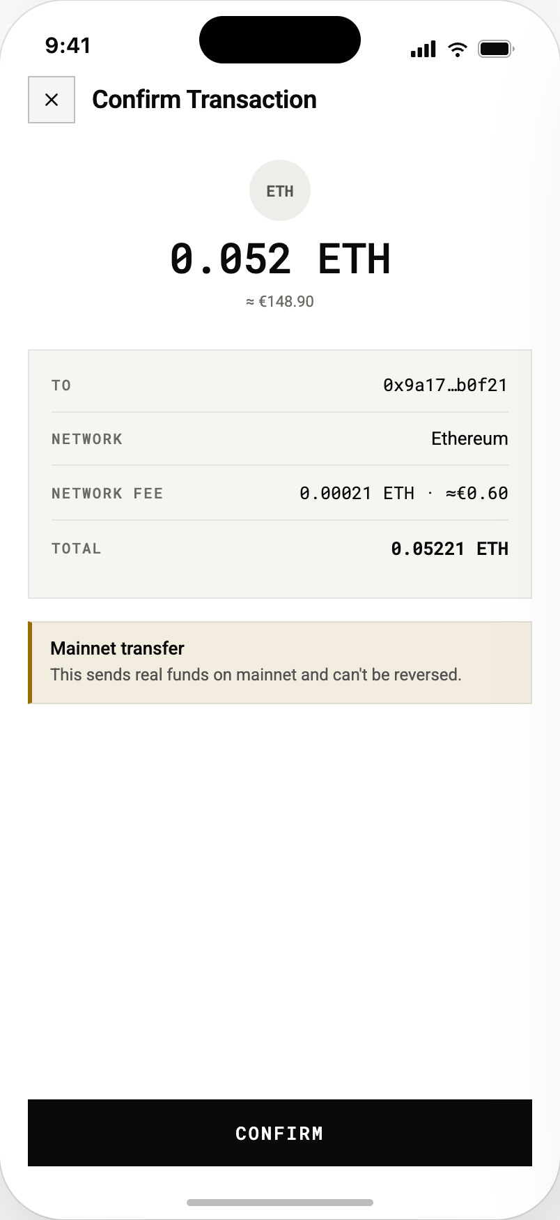 Send confirmation for 0.052 ETH showing the destination, network, fee, and total, with the fiat value shown before confirming a mainnet transfer