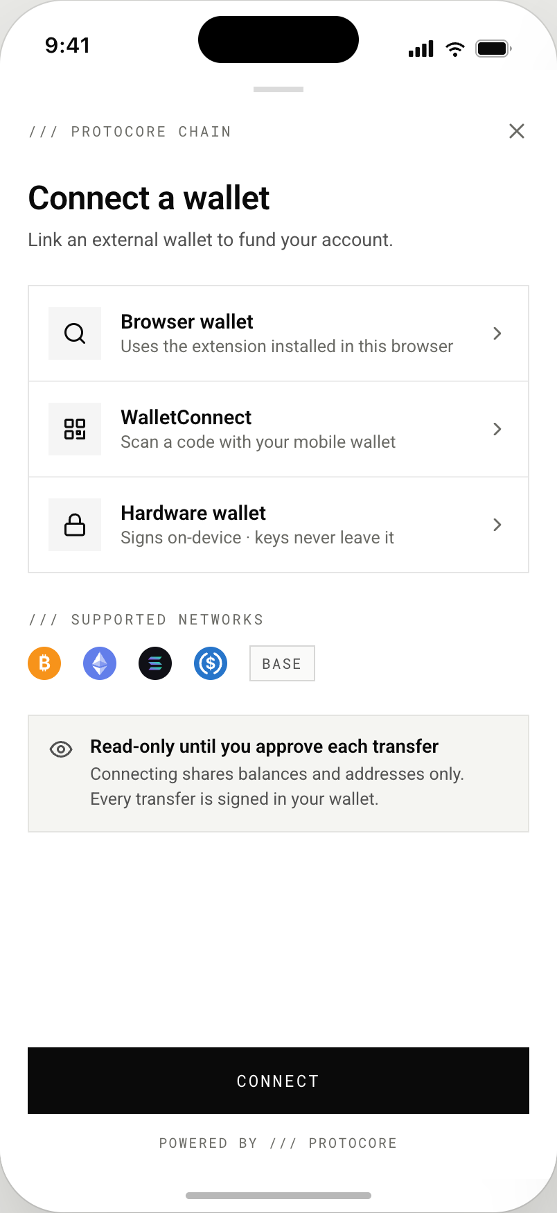 Wallet connect screen linking an external crypto wallet