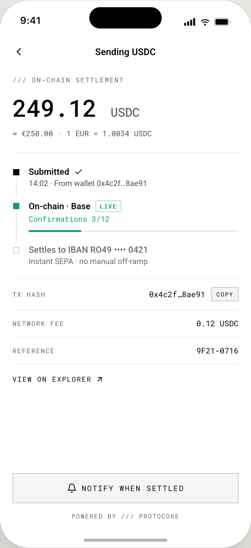 On-chain settlement status showing a transaction bridging to an IBAN
