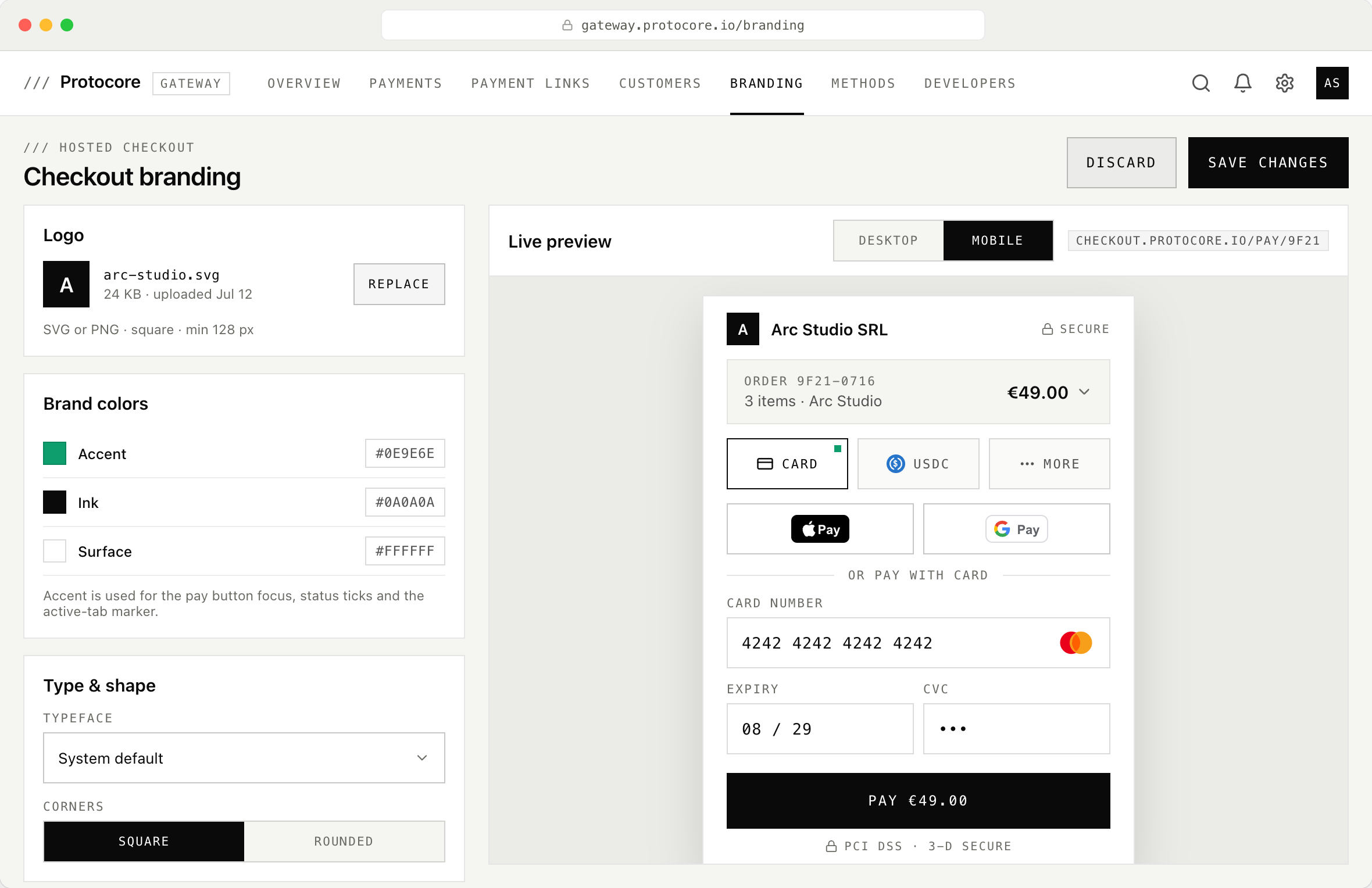 The Gateway checkout branding screen with logo upload, brand color fields, typeface and corner controls, and a live mobile preview of the merchant's €49.00 checkout