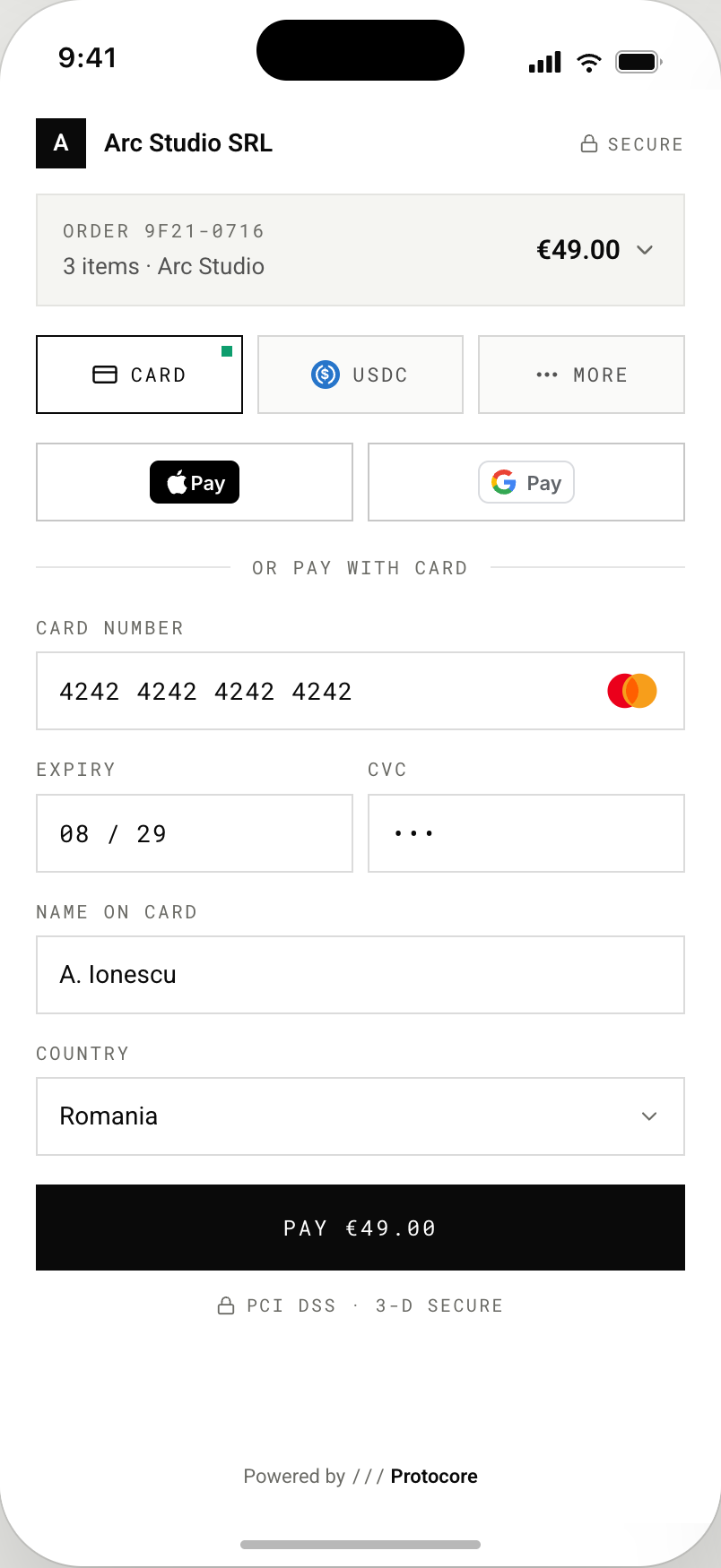 Mobile hosted checkout with payment method selection for a €49.00 order
