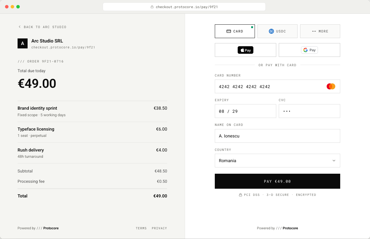 Desktop hosted checkout for Arc Studio SRL showing card, Apple Pay, Google Pay, and USDC options for a €49.00 order