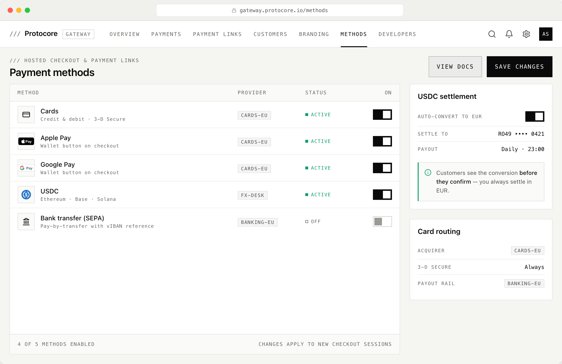 The Gateway payment methods screen with cards, Apple Pay, Google Pay, and USDC toggled on and SEPA bank transfer off, beside USDC settlement and card routing panels