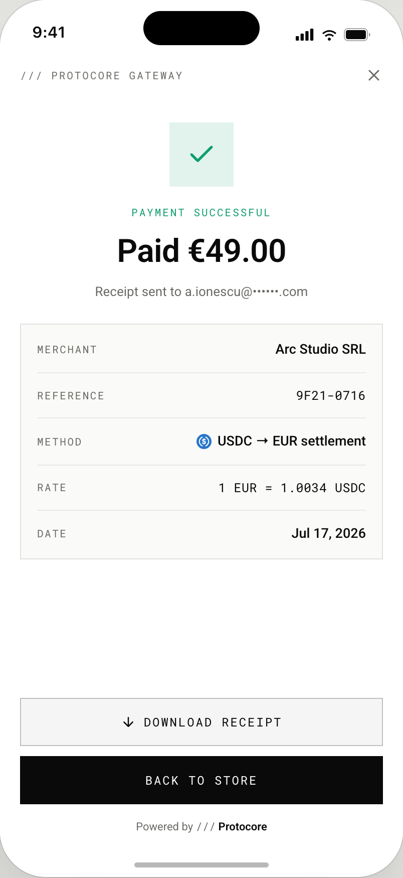 Payment receipt showing a USDC payment settled to EUR