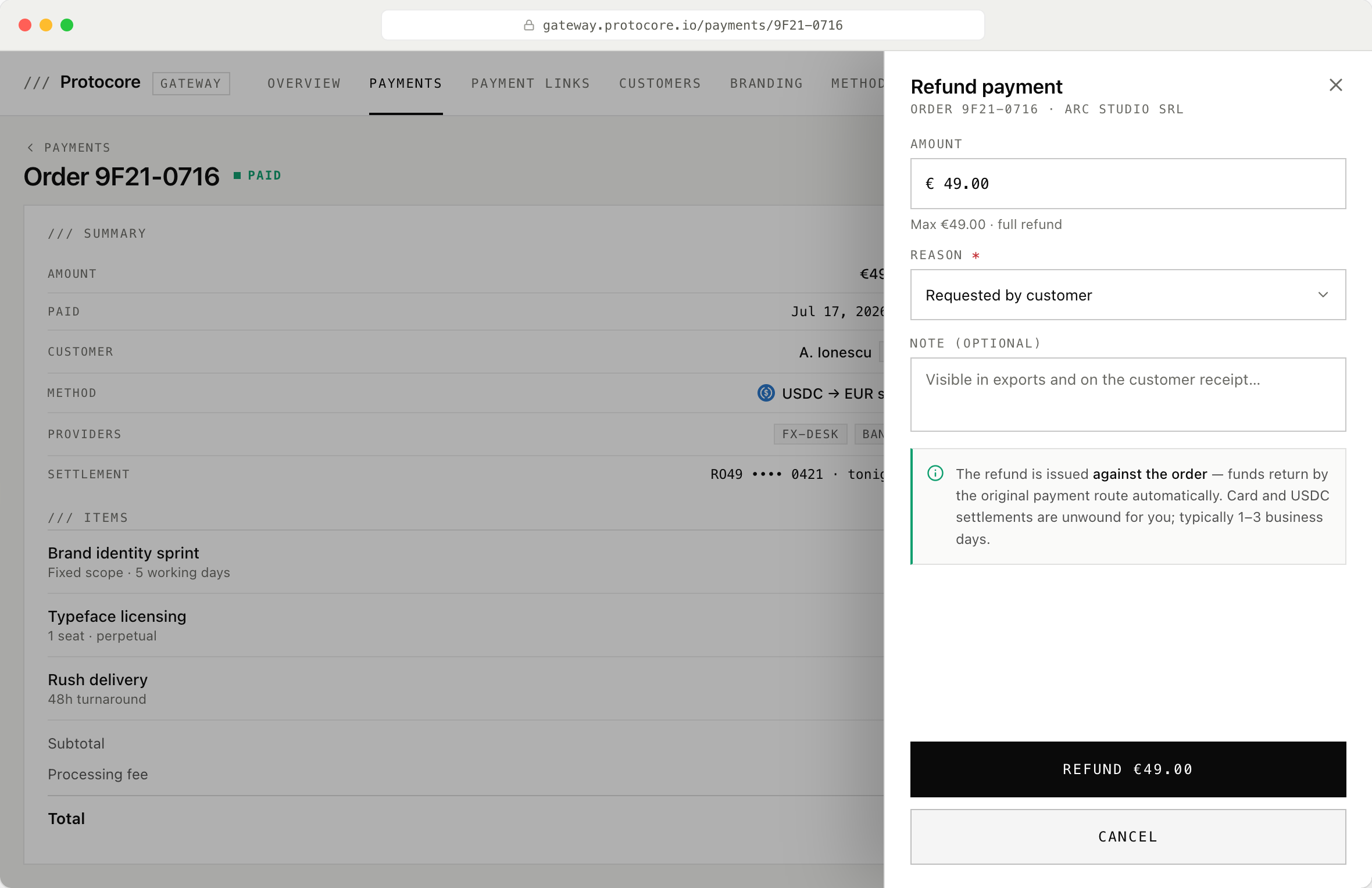 The Gateway refund drawer for order 9F21-0716 with the amount preset to €49.00, a required reason, an optional customer-visible note, and a notice that funds return by the original payment route