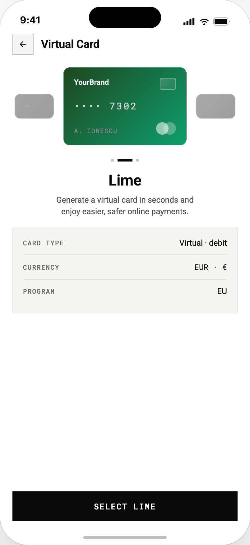 Mobile virtual-card creation screen with a swipeable set of card designs, the green Lime design selected for a EUR virtual debit card ready to generate in seconds