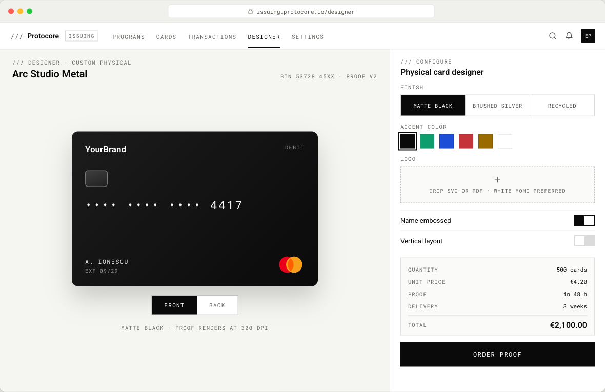 Physical card designer with finish, color, and logo options