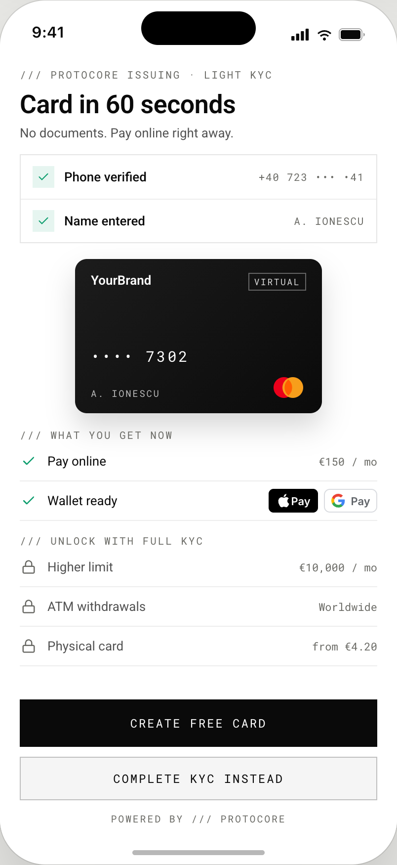 Mobile screen showing an instant prepaid card issued and ready to use