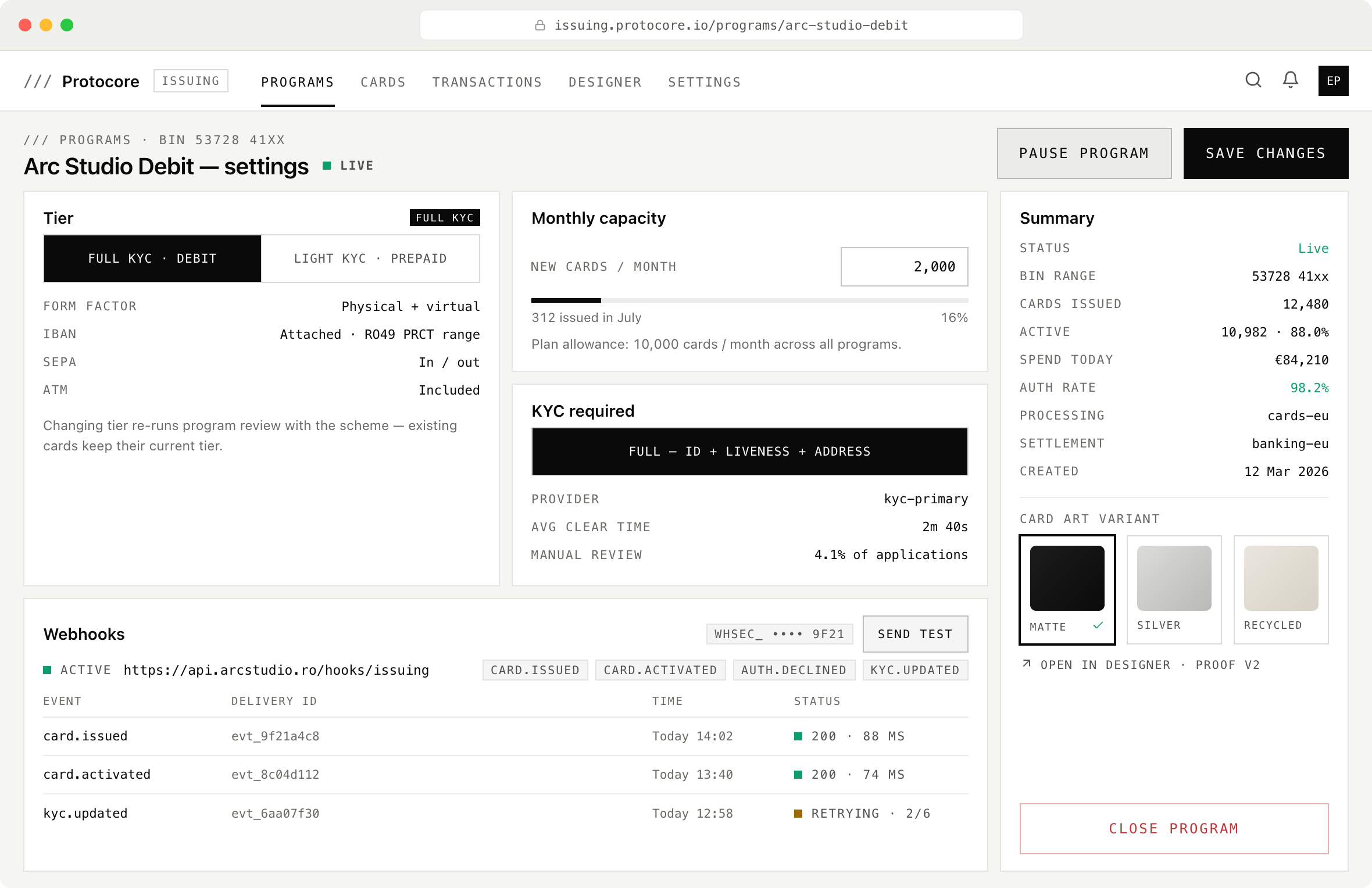 Program settings for Arc Studio Debit showing the tier, monthly card capacity, KYC requirements, webhook deliveries, and a summary with the BIN range, auth rate, and card art variants