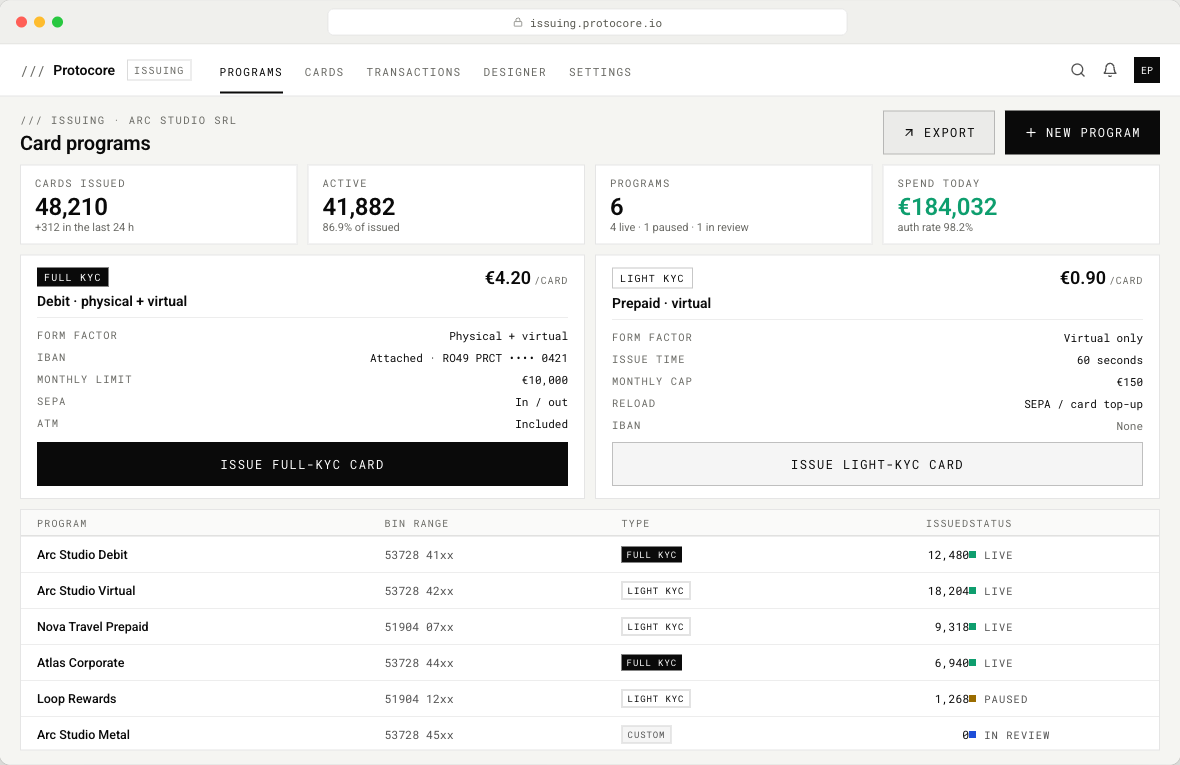 Card programs console showing debit and prepaid program tiers with limits