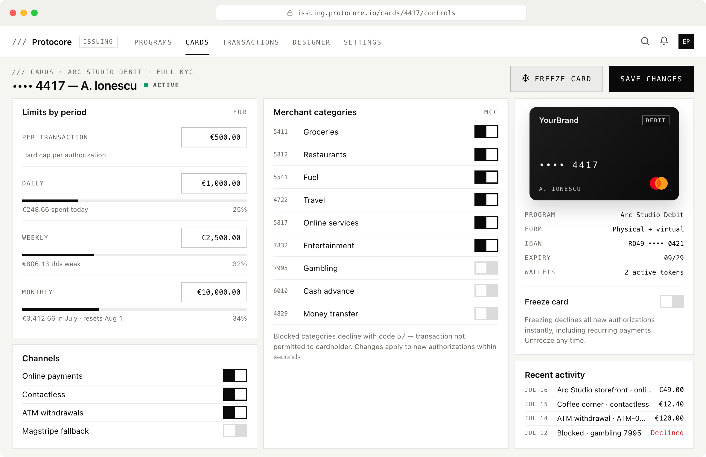 Card controls page for card 4417 with per-transaction, daily, weekly, and monthly limits, channel toggles, merchant-category blocks, and recent activity including a declined gambling attempt