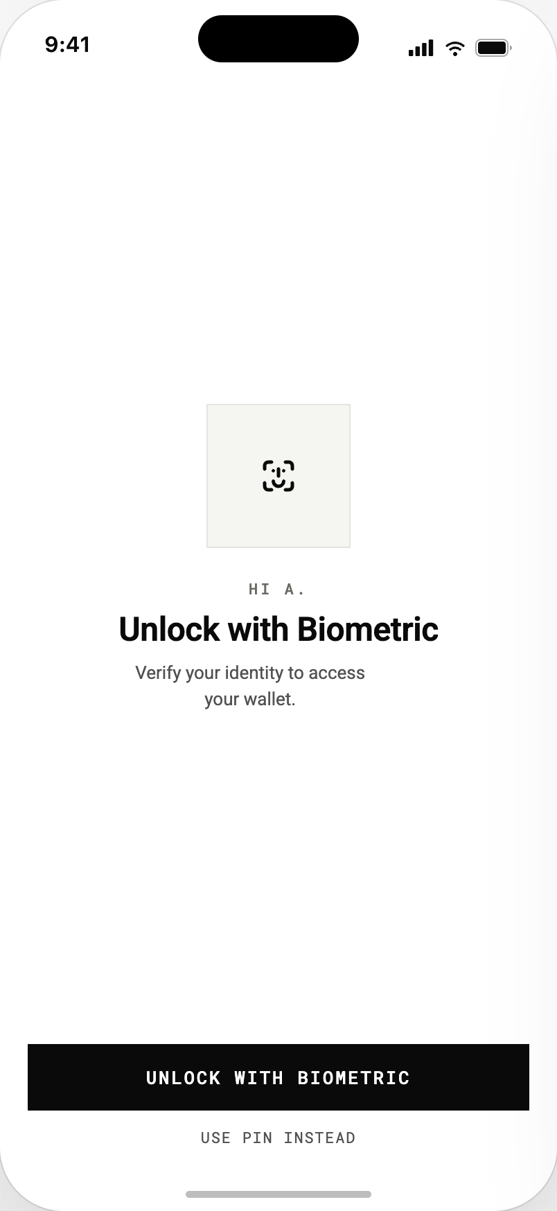 The platform reference app biometric unlock screen greeting the user by name with a Face ID prompt, an unlock button, and a use-PIN-instead fallback