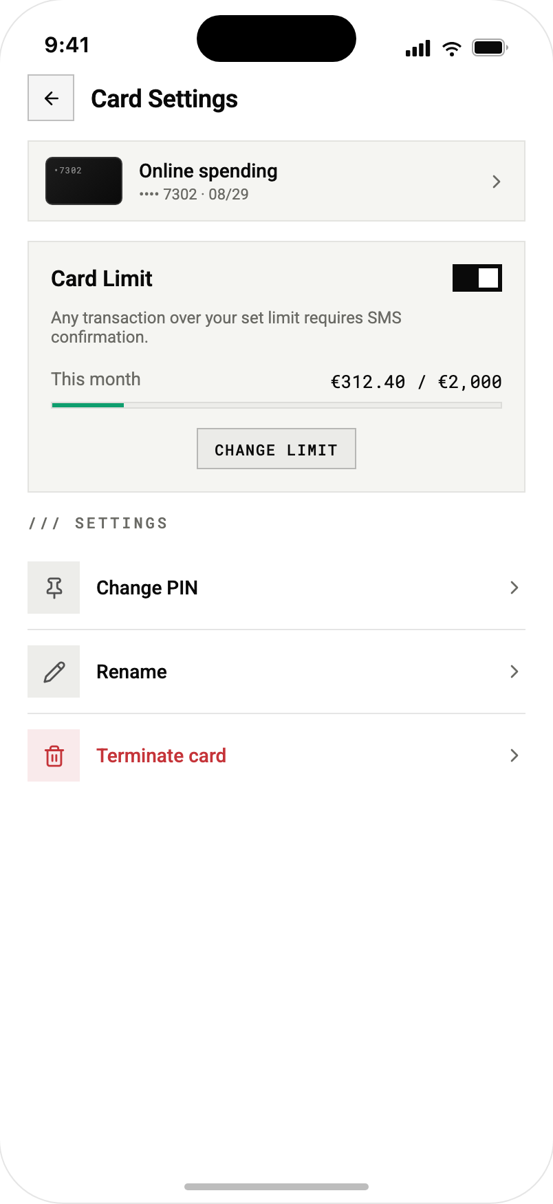 The platform reference app card settings for a card ending 7302 with €312.40 spent of a €2,000 monthly limit, SMS confirmation required above the set limit, and change-PIN, rename, and terminate actions