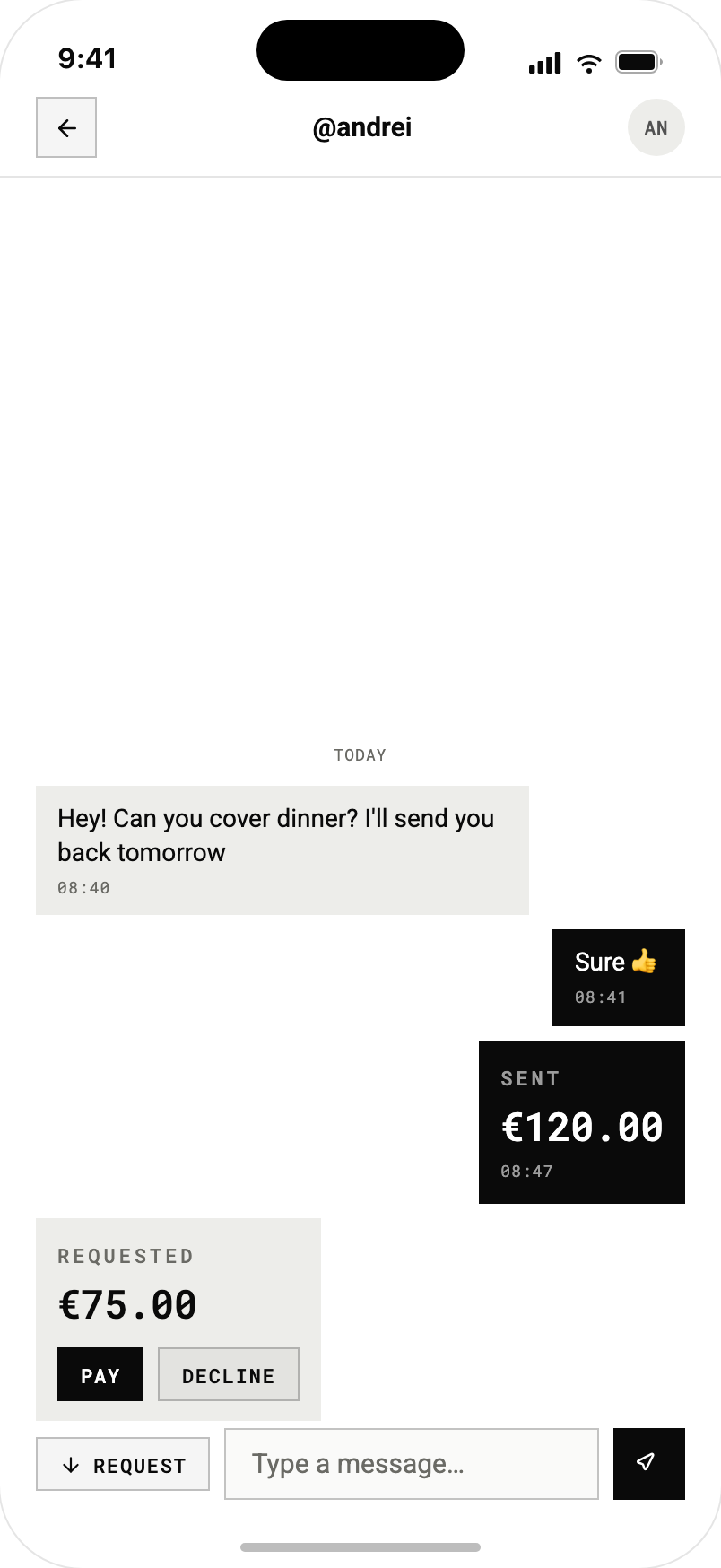 The platform reference app chat thread with @andrei where a €120.00 payment is sent as a message and a €75.00 request waits in the conversation with pay and decline buttons