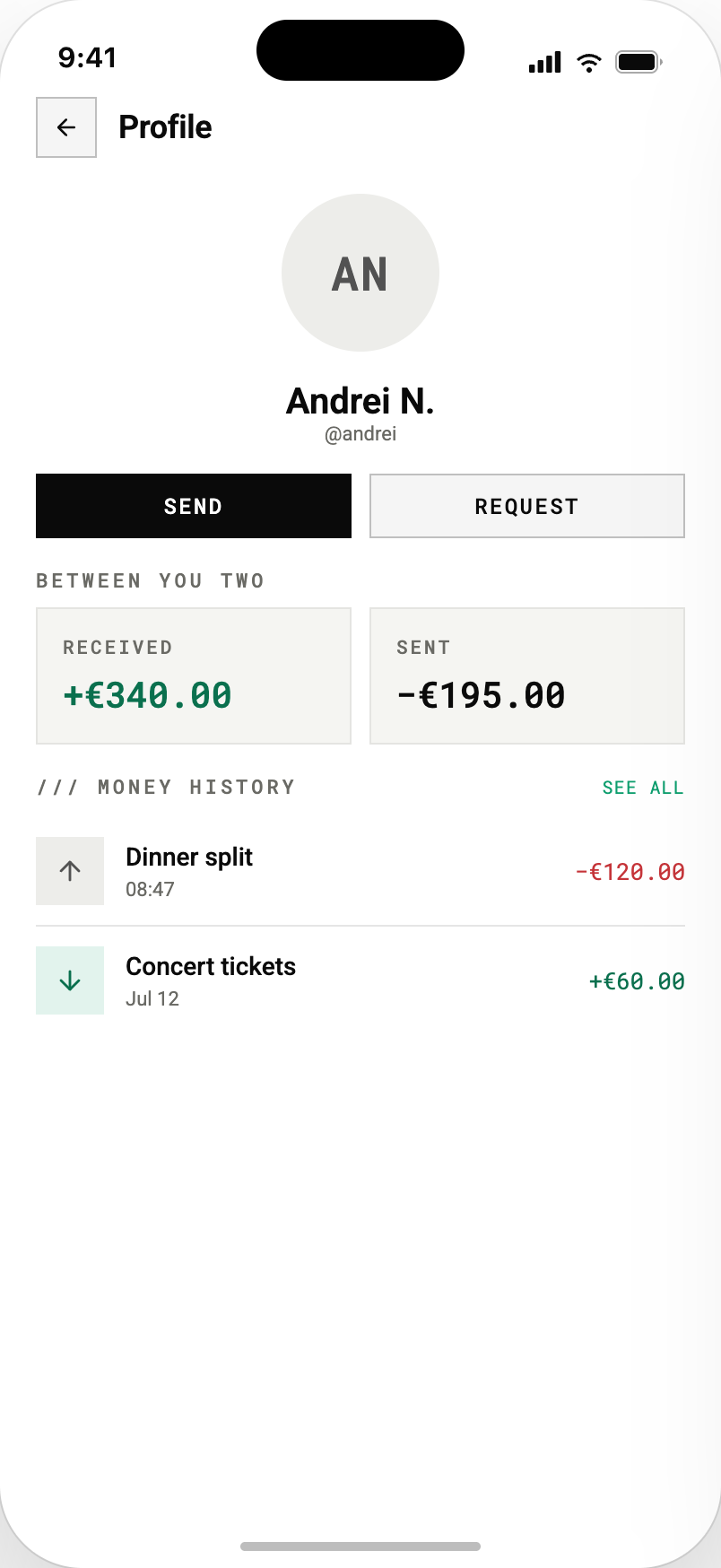 The platform reference app contact profile for Andrei N. with send and request actions, running totals of €340.00 received and €195.00 sent between the two people, and their shared money history