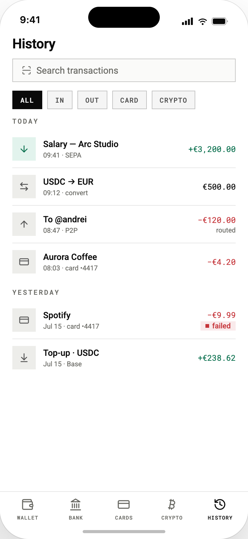 The platform reference app history screen with search and filters for in, out, card, and crypto, listing a €3,200.00 SEPA salary, a €500.00 USDC conversion, a −€120.00 P2P send, a card payment, a failed −€9.99 charge, and a USDC top-up over Base