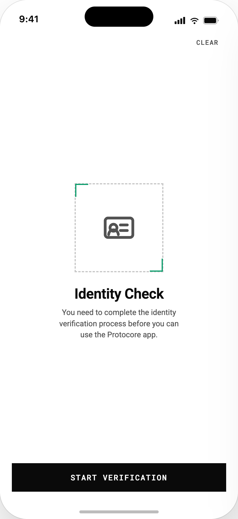 The platform reference app identity-check screen with a document capture frame and a start-verification button, stating that verification must complete before the app can be used
