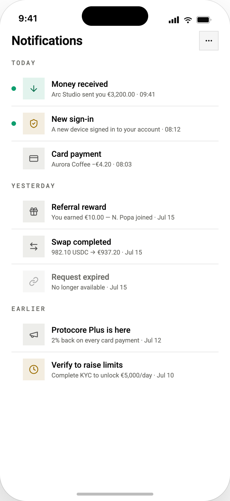 The platform reference app notifications feed with money received, a new sign-in alert, a card payment, a referral reward, a completed swap, an expired request, and a prompt to finish verification and unlock €5,000 a day