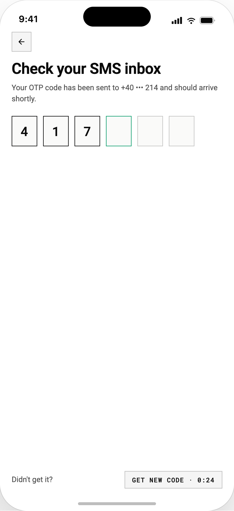The platform reference app OTP screen asking the user to check their SMS inbox, with a six-digit code sent to a masked +40 number and a get-new-code countdown at 24 seconds