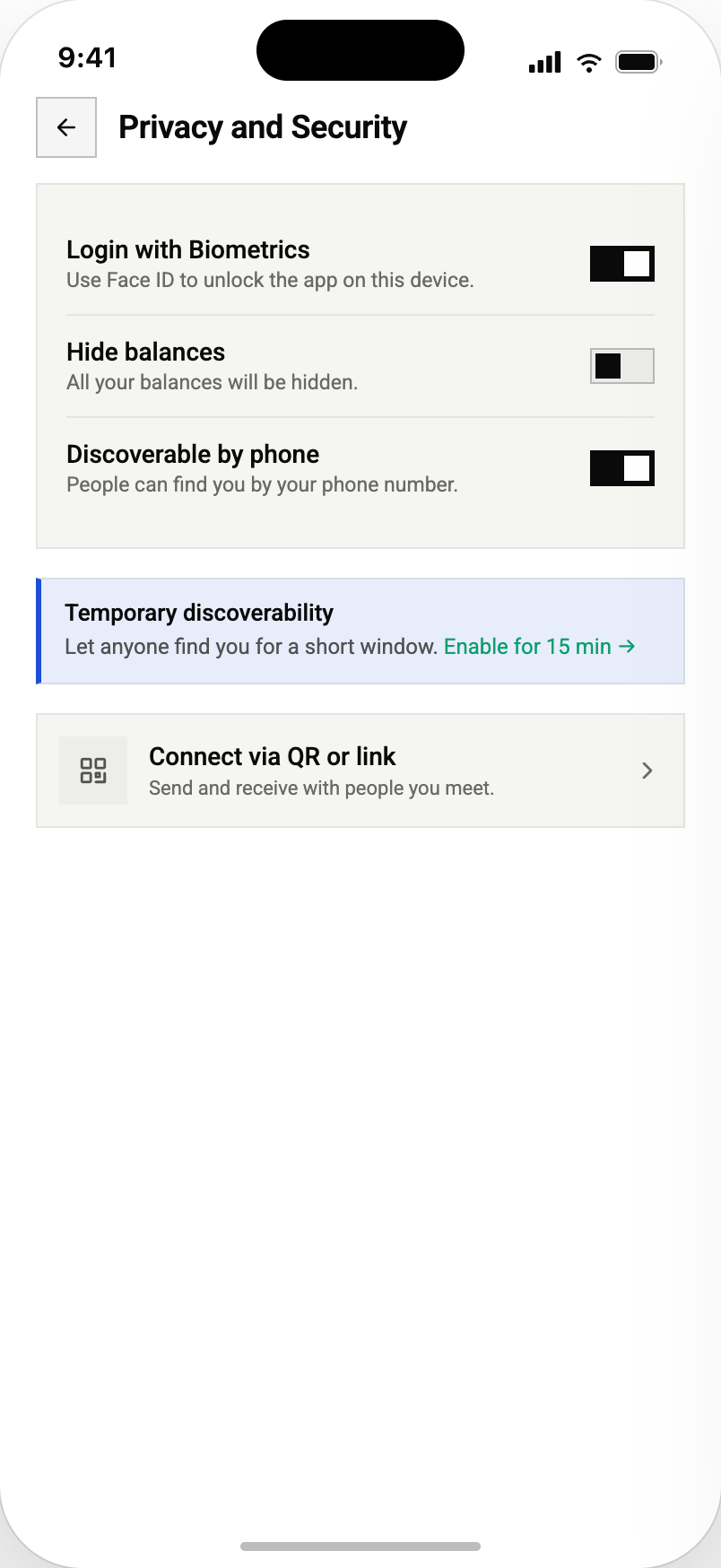 The platform reference app privacy and security screen with biometric login switched on, hide-balances off, discoverability by phone number on, a 15-minute temporary discoverability window, and a connect-via-QR-or-link option