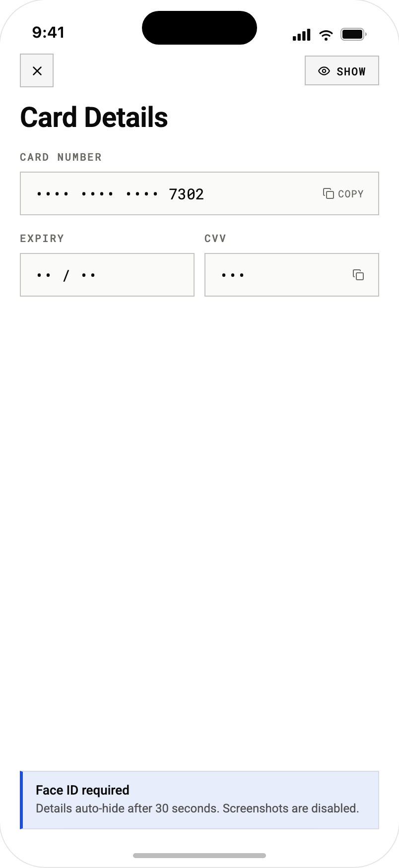 The platform reference app card-details screen with the number, expiry, and CVV masked until revealed, Face ID required to show them, auto-hide after 30 seconds, and screenshots disabled