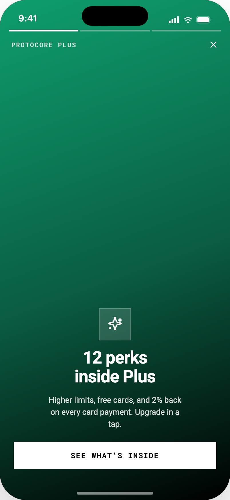 The platform reference app full-screen story announcing a Plus tier with twelve perks — higher limits, free cards, and 2% back on card payments — with story progress bars and a see-what's-inside action