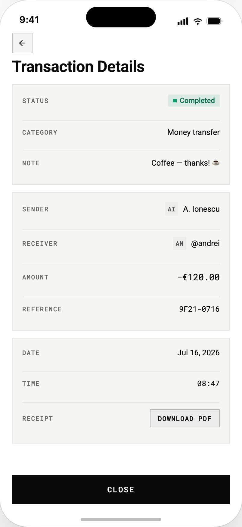 The platform reference app transaction detail for a completed −€120.00 transfer to @andrei with a note, reference 9F21-0716, the date and time, and a PDF receipt download