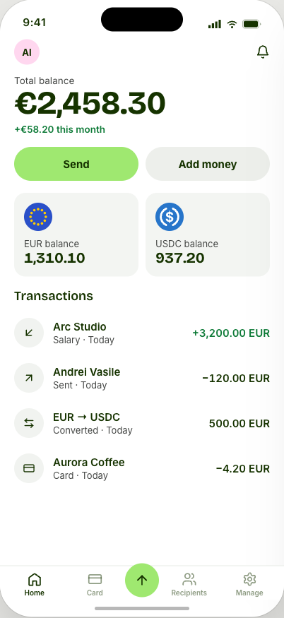 Fern example app home screen with a light green transfers-first layout focused on sending money and recent recipients