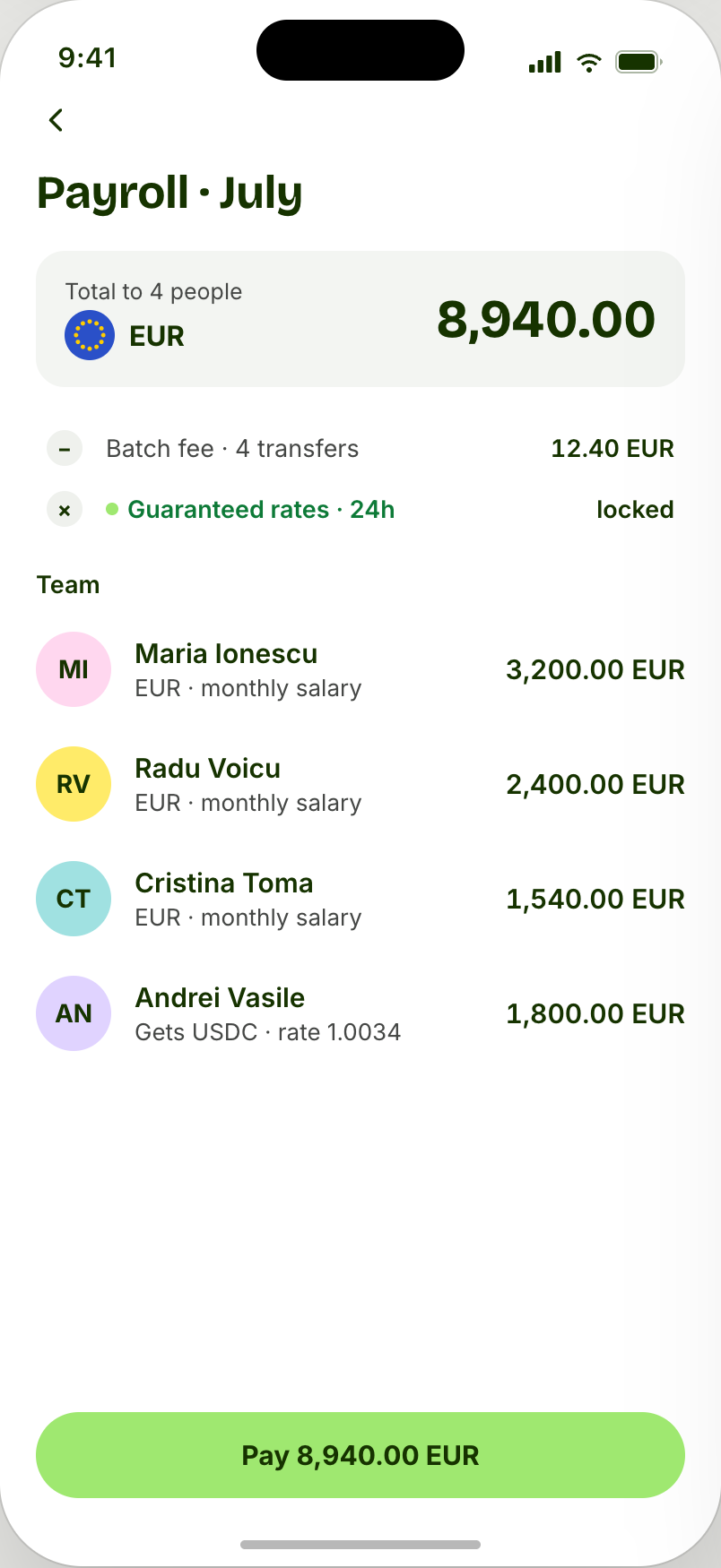 Fern payroll screen with a business batch payout going to a team