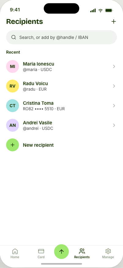 Fern recipients screen listing contacts reachable by @handle or IBAN, each with their own receiving currency of EUR or USDC