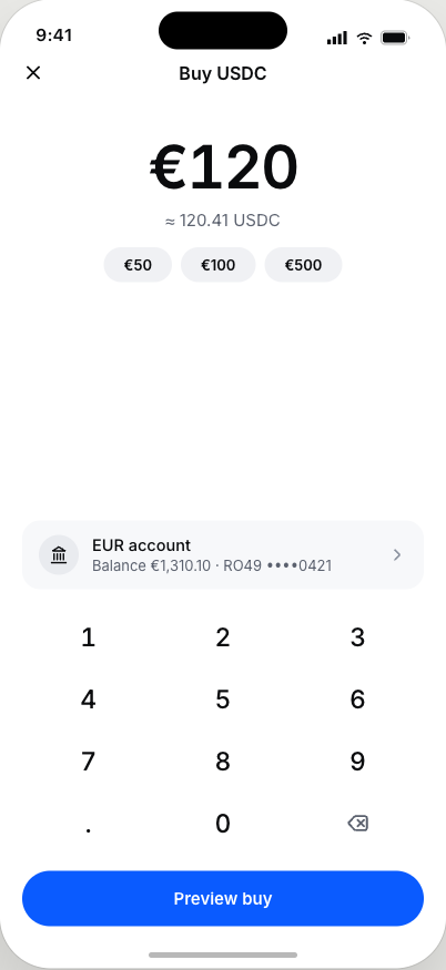 Halcyon buy screen purchasing 120.41 USDC for €120 with quick-amount chips, a keypad, and funding from a EUR account holding €1,310.10