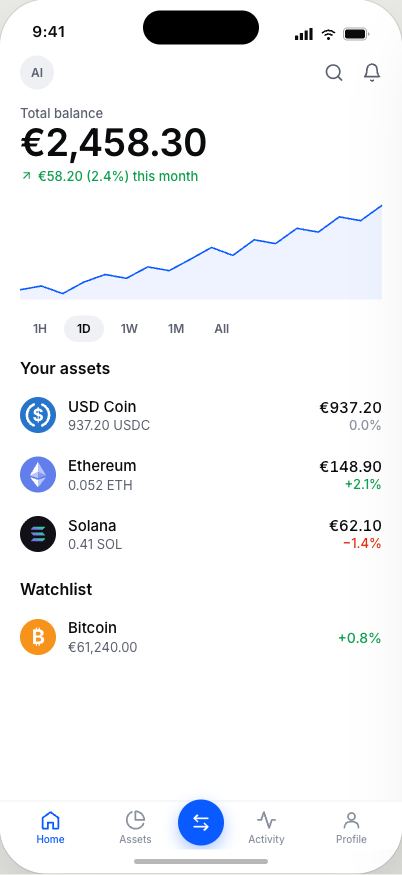 Halcyon example app home screen with a light, blue, clean exchange layout showing balances and assets