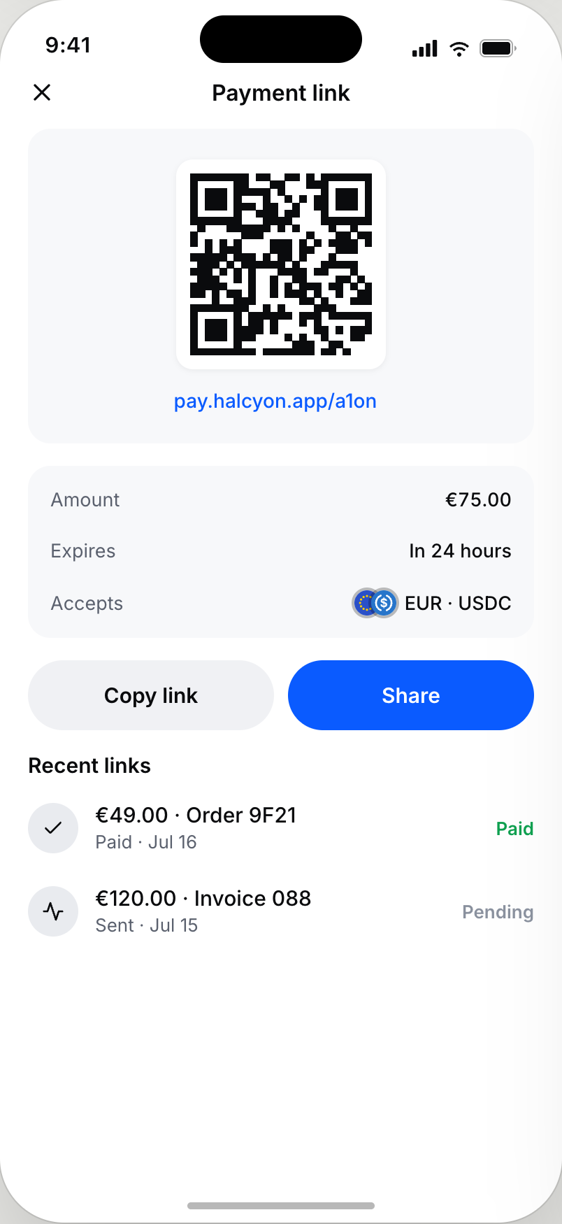 Halcyon payment link creation screen composing a shareable money request