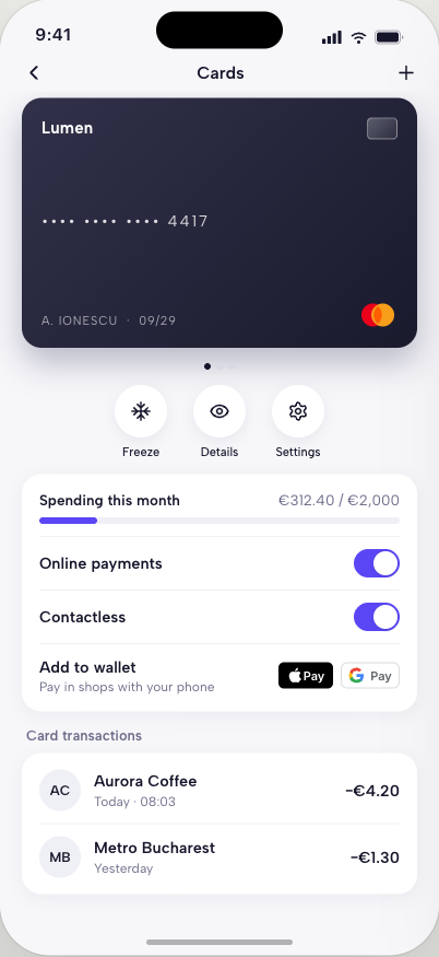 Lumen cards screen showing a dark card ending 4417 with freeze, details, and settings, €312.40 spent of a €2,000 limit, online-payment and contactless toggles, and recent card transactions