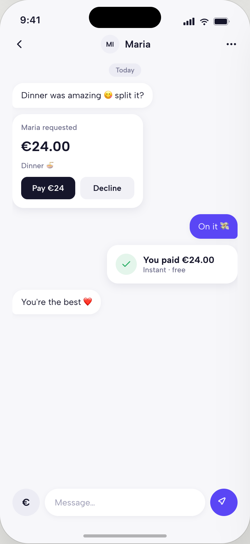 Lumen chat thread with an inline peer-to-peer payment sent as part of the conversation