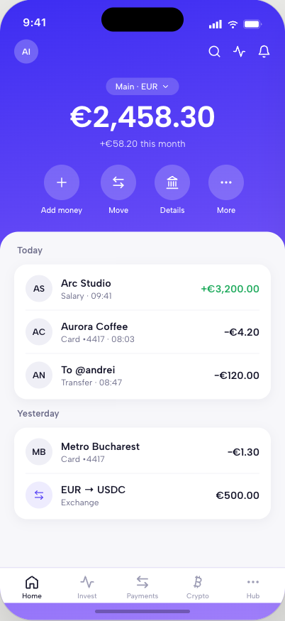 Lumen example app home screen with a light indigo super-app layout showing accounts, cards, and services