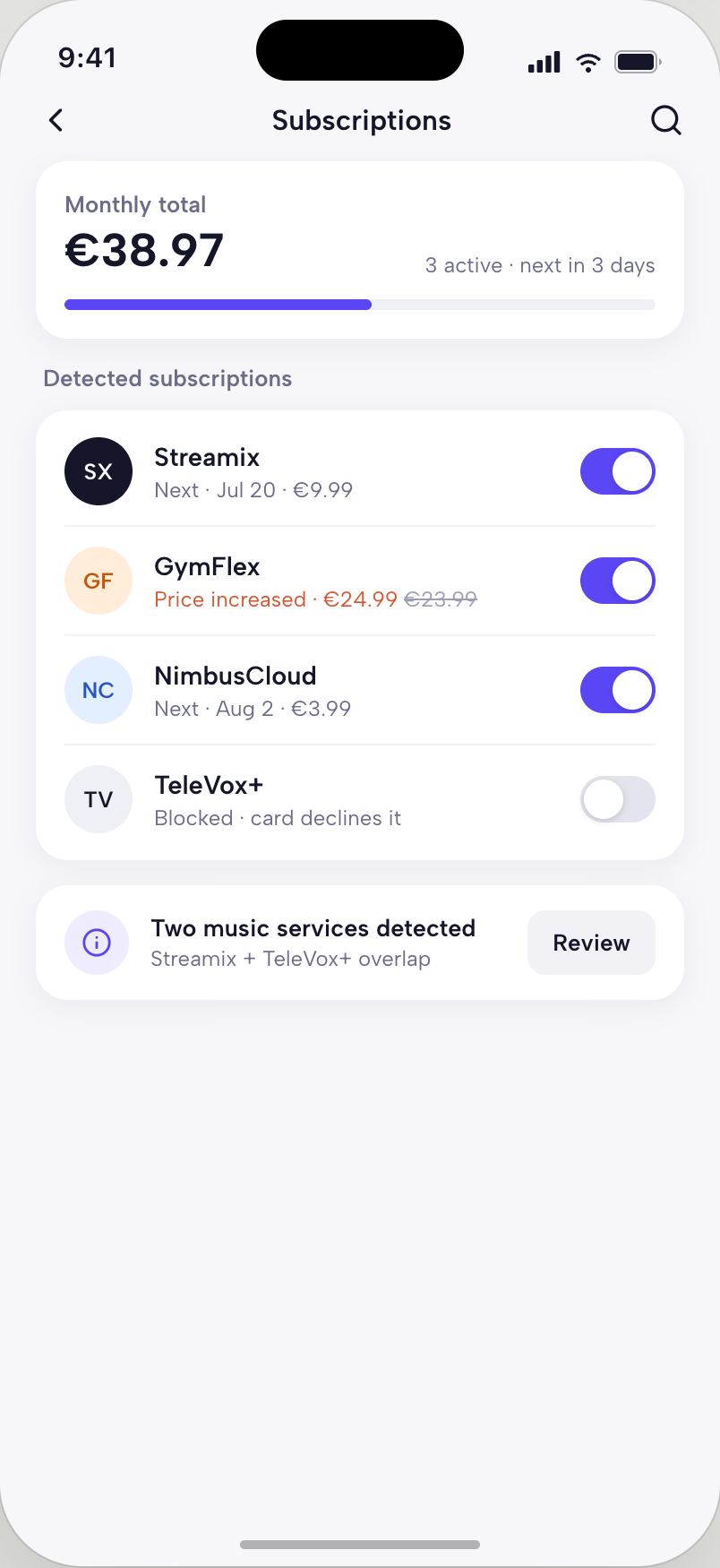 Lumen subscriptions screen totalling €38.97 a month, flagging a GymFlex price rise to €24.99, showing TeleVox+ blocked at the card, and hinting at a duplicate service