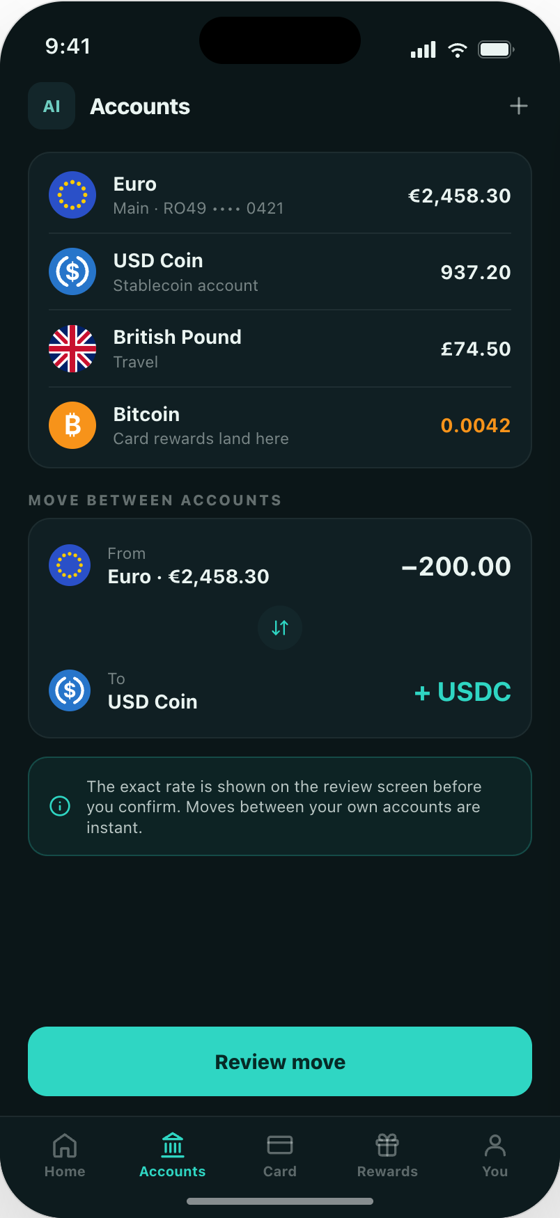 The Meridian example app accounts screen listing EUR, USDC, GBP travel, and BTC rewards balances, with a move-between-accounts flow converting €200.00 from Euro to USD Coin and the exact rate shown on review before confirming