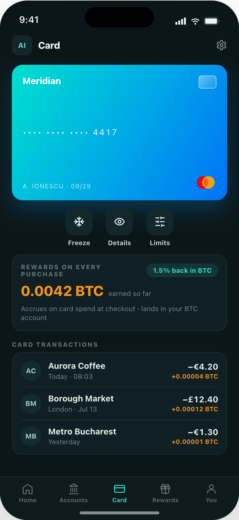 The Meridian example app card screen with a teal-to-blue gradient card ending 4417, a rewards panel showing 0.0042 BTC earned so far at 1.5% back in BTC, and card transactions each crediting a small BTC amount